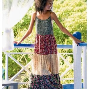 Natural Life Kaia Maxi Dress M/L Tiered Prairie Peasant Flowy Patchwork Cottage